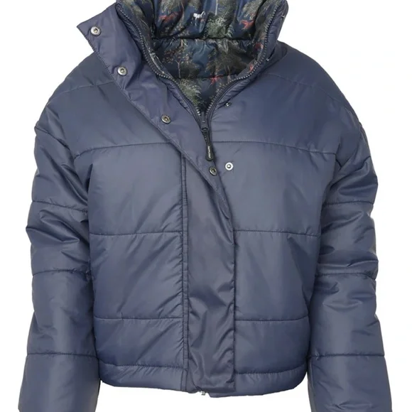 Women's Dapplebay Navy & Autumn Toile Reversible Puffer Jacket hooded NWT - Picture 3 of 12